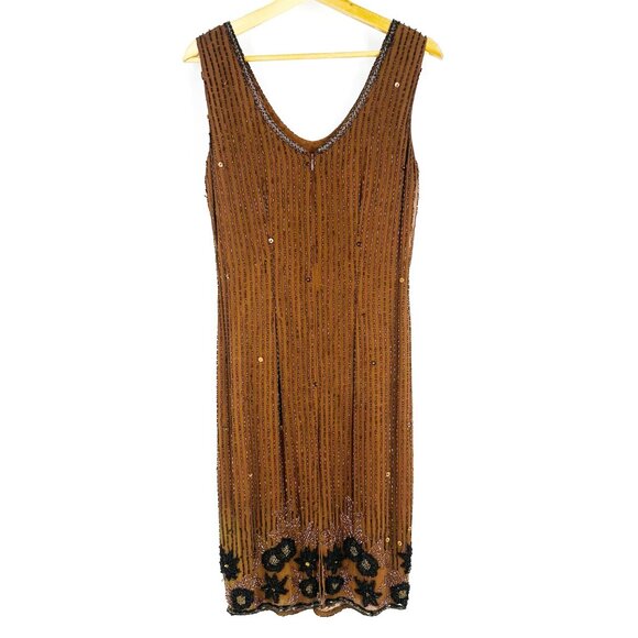 Vintage Nadine Boutique Brown Hand Beaded Sequined Silk Dress & Cardigan Set S - Picture 8 of 12